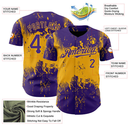 Custom Purple Gold 3D Pattern Design Abstract Splatter Grunge Art Authentic Baseball Jersey - Sky-Custom