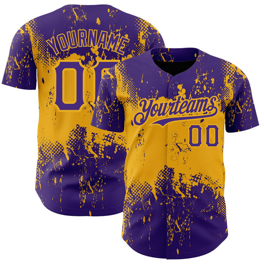 Custom Purple Gold 3D Pattern Design Abstract Splatter Grunge Art Authentic Baseball Jersey - Sky-Custom