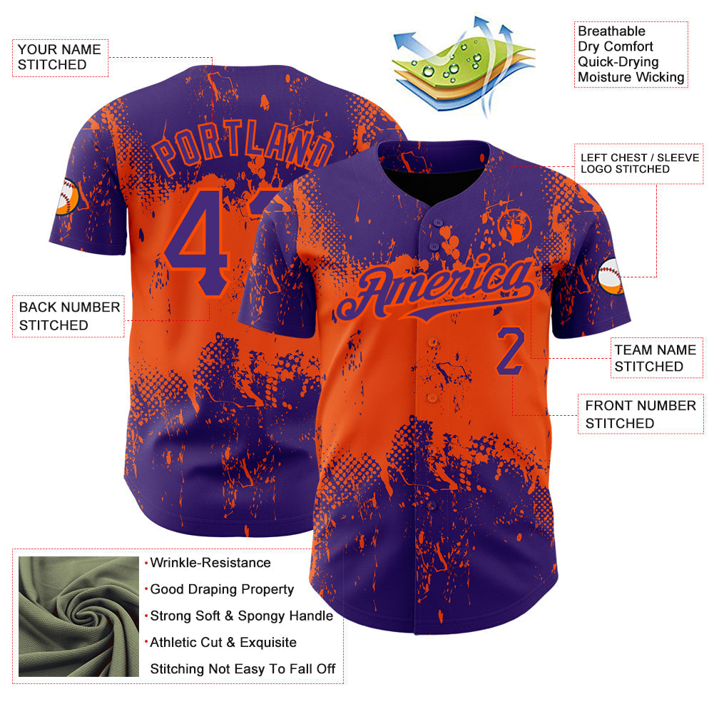 Custom Purple Orange 3D Pattern Design Abstract Splatter Grunge Art Authentic Baseball Jersey - Sky-Custom