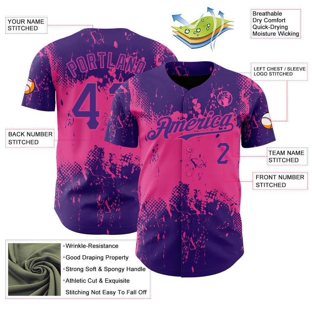 Custom Purple Pink 3D Pattern Design Abstract Splatter Grunge Art Authentic Baseball Jersey - Sky-Custom