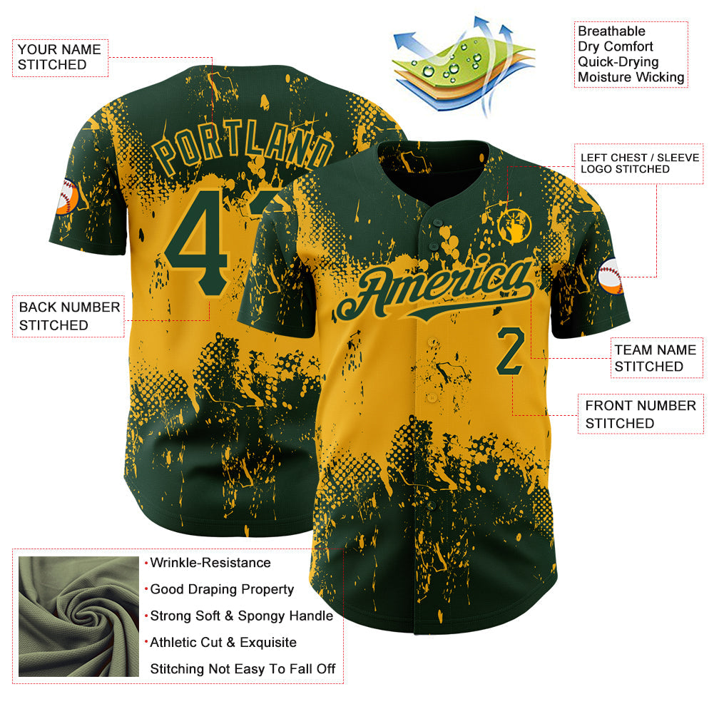 Custom Green Gold 3D Pattern Design Abstract Splatter Grunge Art Authentic Baseball Jersey - Sky-Custom