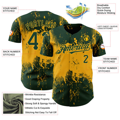 Custom Green Gold 3D Pattern Design Abstract Splatter Grunge Art Authentic Baseball Jersey - Sky-Custom