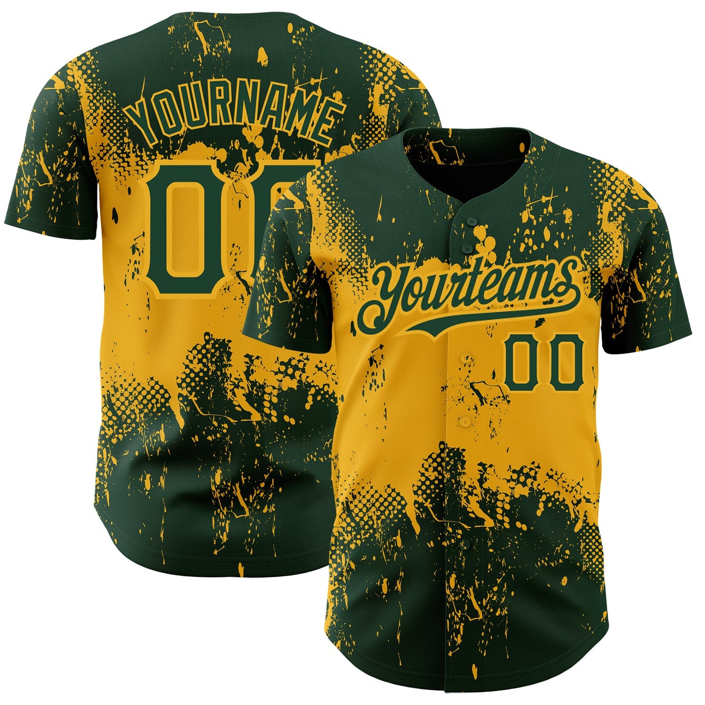 Custom Green Gold 3D Pattern Design Abstract Splatter Grunge Art Authentic Baseball Jersey - Sky-Custom
