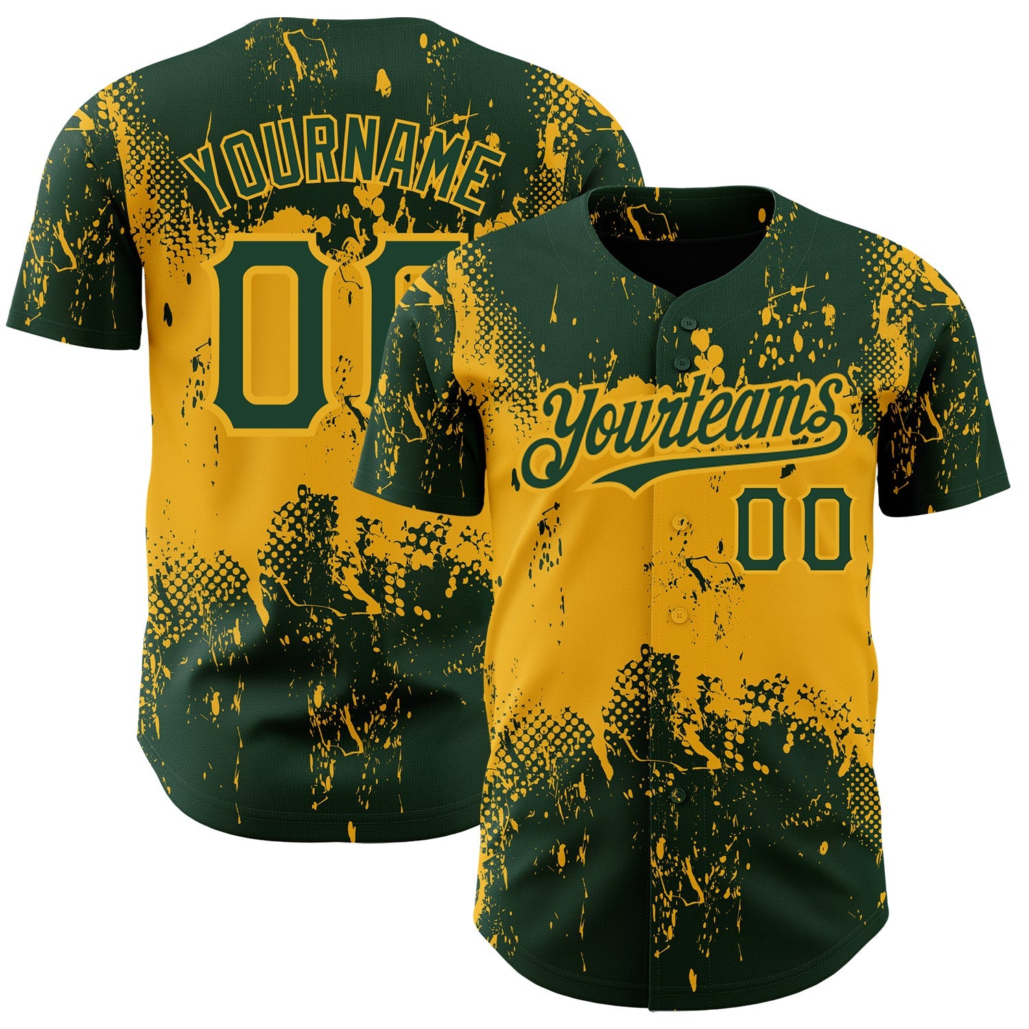 Custom Green Gold 3D Pattern Design Abstract Splatter Grunge Art Authentic Baseball Jersey - Sky-Custom