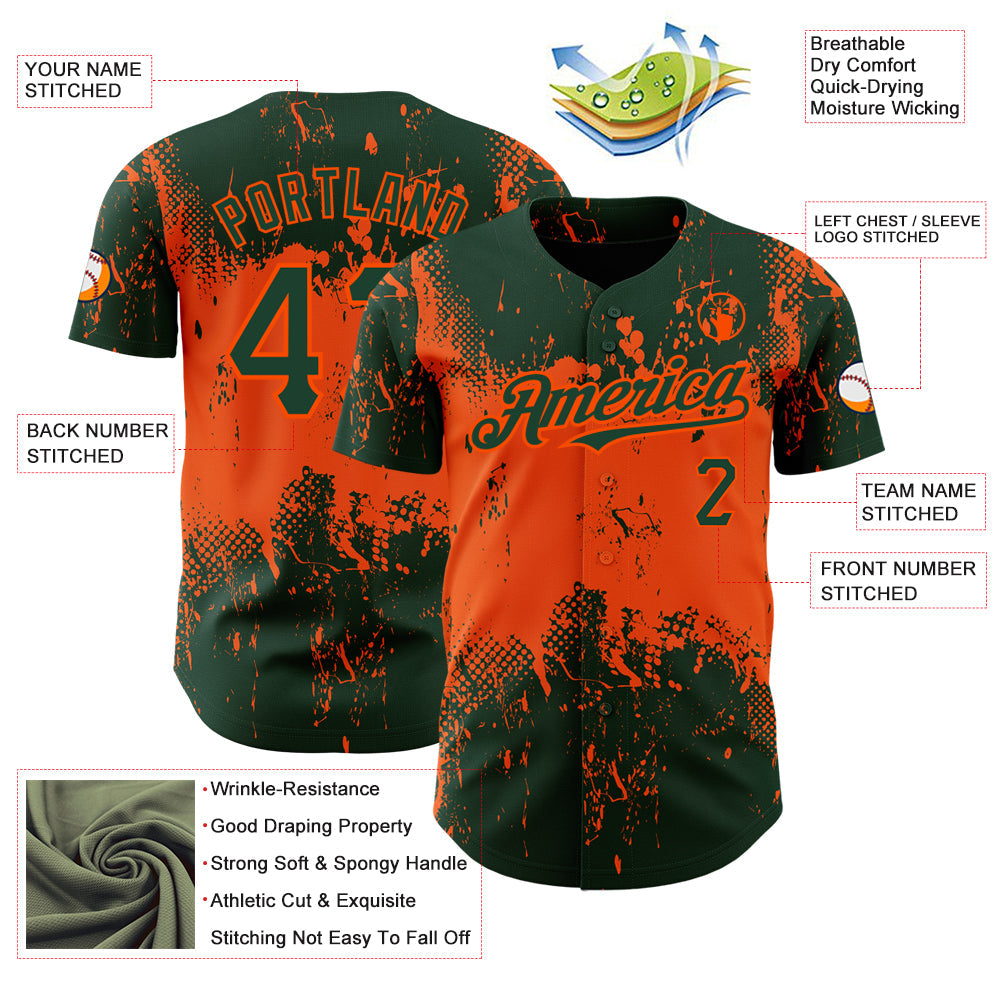 Custom Green Orange 3D Pattern Design Abstract Splatter Grunge Art Authentic Baseball Jersey - Sky-Custom