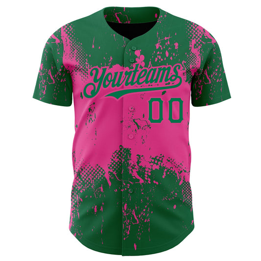 Custom Kelly Green Pink 3D Pattern Design Abstract Splatter Grunge Art Authentic Baseball Jersey - Sky-Custom