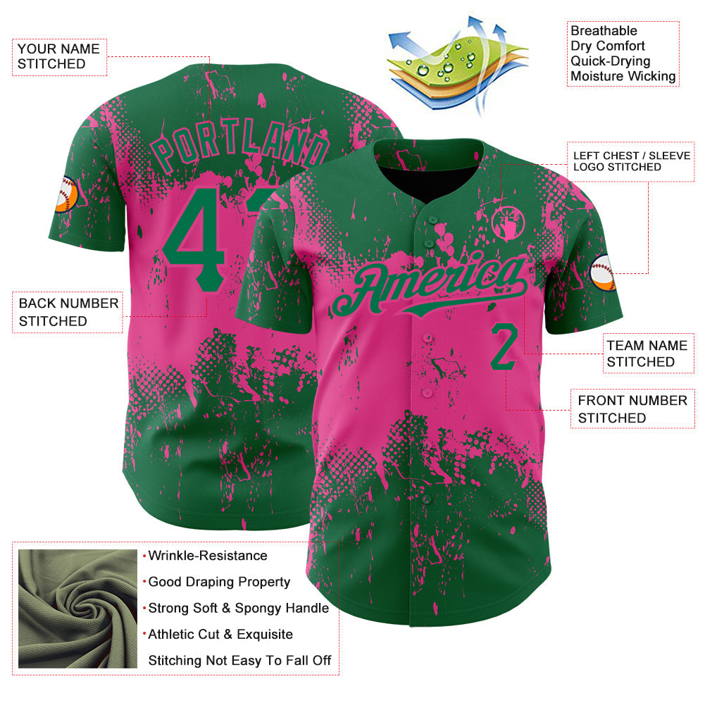 Custom Kelly Green Pink 3D Pattern Design Abstract Splatter Grunge Art Authentic Baseball Jersey - Sky-Custom