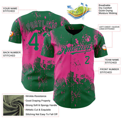 Custom Kelly Green Pink 3D Pattern Design Abstract Splatter Grunge Art Authentic Baseball Jersey - Sky-Custom