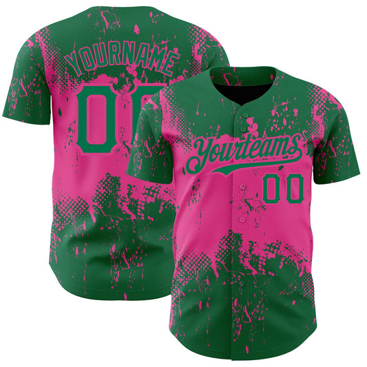 Custom Kelly Green Pink 3D Pattern Design Abstract Splatter Grunge Art Authentic Baseball Jersey - Sky-Custom