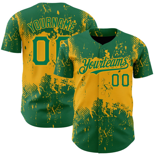 Custom Kelly Green Gold 3D Pattern Design Abstract Splatter Grunge Art Authentic Baseball Jersey - Sky-Custom