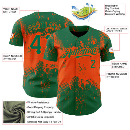 Custom Kelly Green Orange 3D Pattern Design Abstract Splatter Grunge Art Authentic Baseball Jersey - Sky-Custom