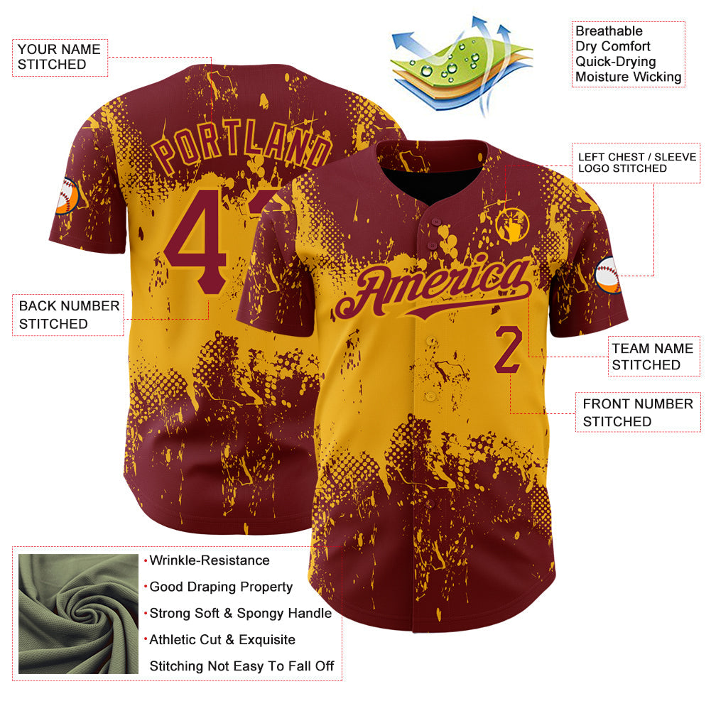 Custom Crimson Gold 3D Pattern Design Abstract Splatter Grunge Art Authentic Baseball Jersey - Sky-Custom