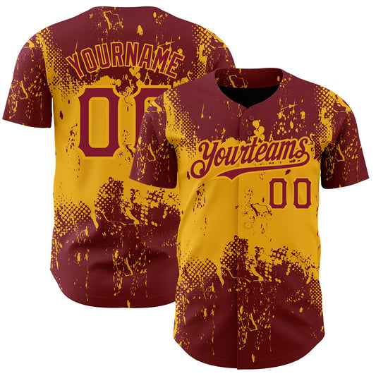 Custom Crimson Gold 3D Pattern Design Abstract Splatter Grunge Art Authentic Baseball Jersey - Sky-Custom