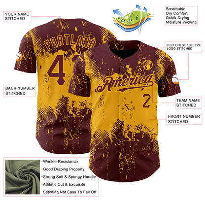 Custom Burgundy Gold 3D Pattern Design Abstract Splatter Grunge Art Authentic Baseball Jersey - Sky-Custom