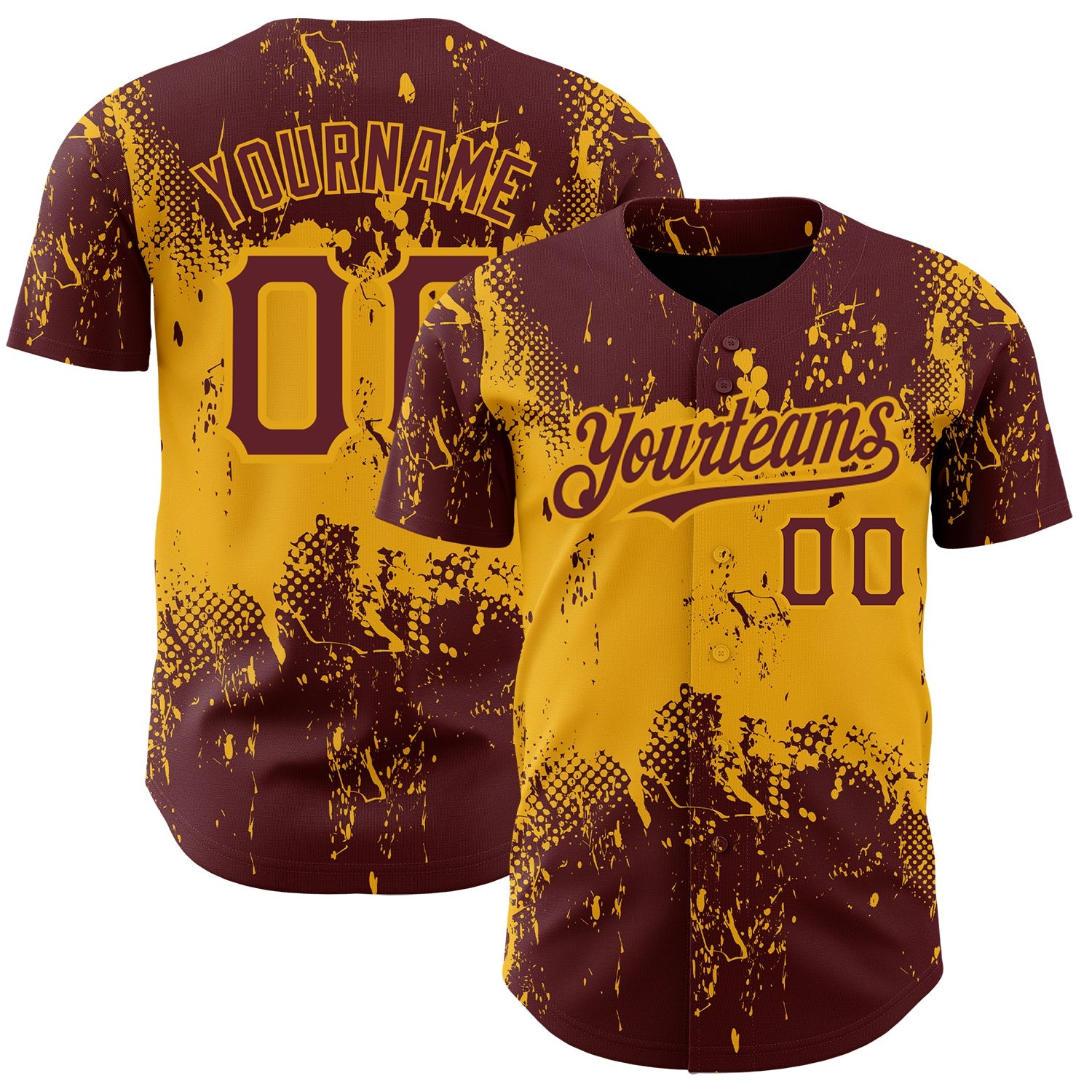 Custom Burgundy Gold 3D Pattern Design Abstract Splatter Grunge Art Authentic Baseball Jersey - Sky-Custom