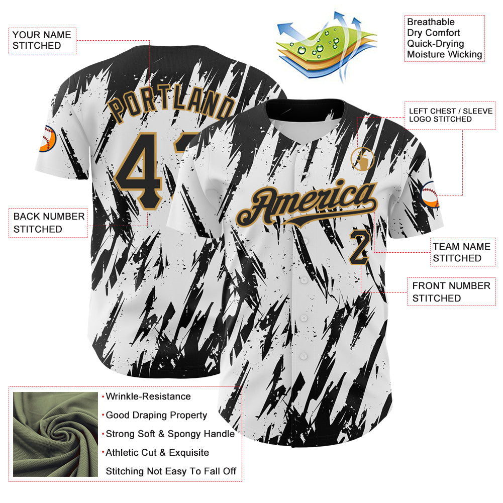 Custom White Black-Old Gold 3D Pattern Design Abstract Sharp Shape Authentic Baseball Jersey - Sky-Custom