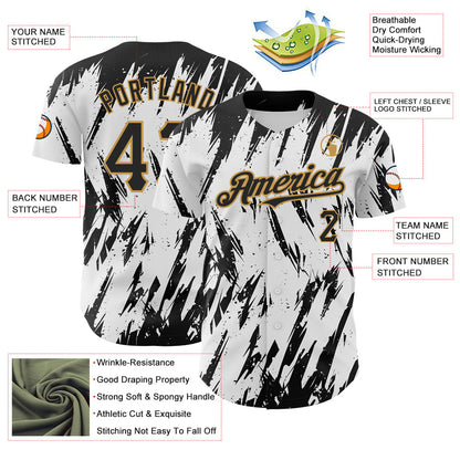 Custom White Black-Old Gold 3D Pattern Design Abstract Sharp Shape Authentic Baseball Jersey - Sky-Custom