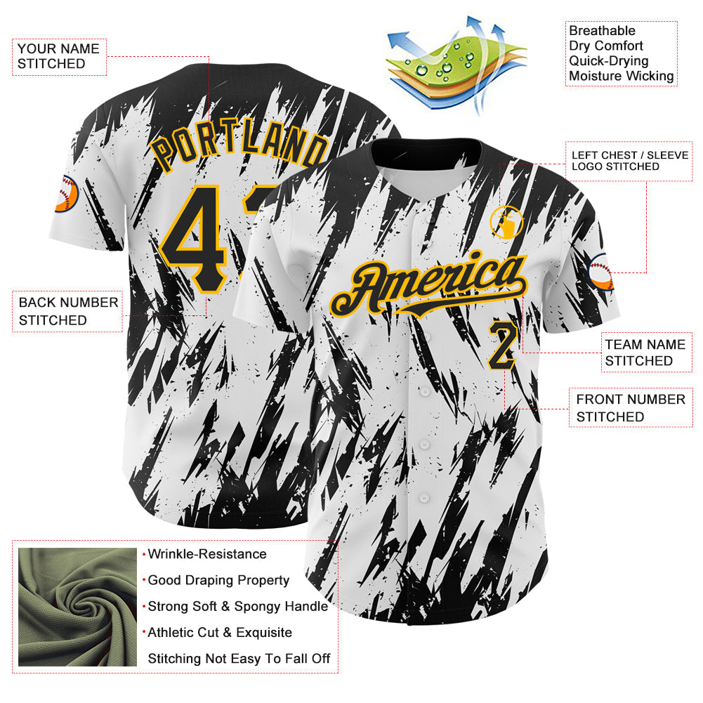 Custom White Black-Gold 3D Pattern Design Abstract Sharp Shape Authentic Baseball Jersey - Sky-Custom