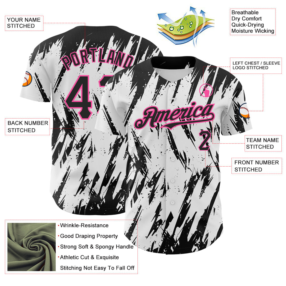 Custom White Black-Pink 3D Pattern Design Abstract Sharp Shape Authentic Baseball Jersey - Sky-Custom