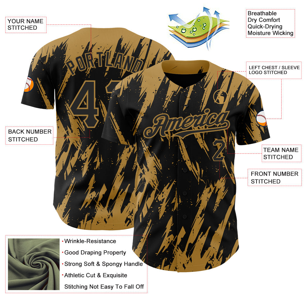 Custom Black Old Gold 3D Pattern Design Abstract Sharp Shape Authentic Baseball Jersey - Sky-Custom