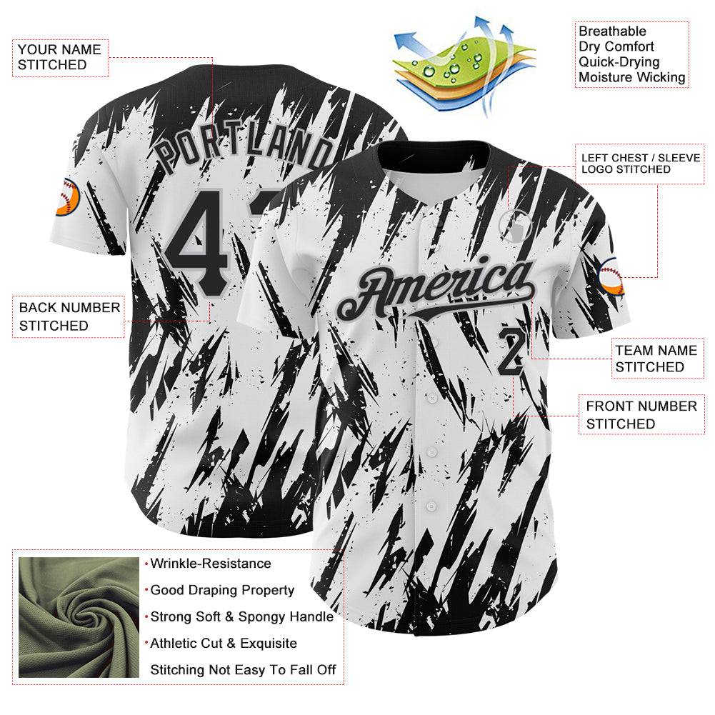 Custom White Black-Gray 3D Pattern Design Abstract Sharp Shape Authentic Baseball Jersey - Sky-Custom