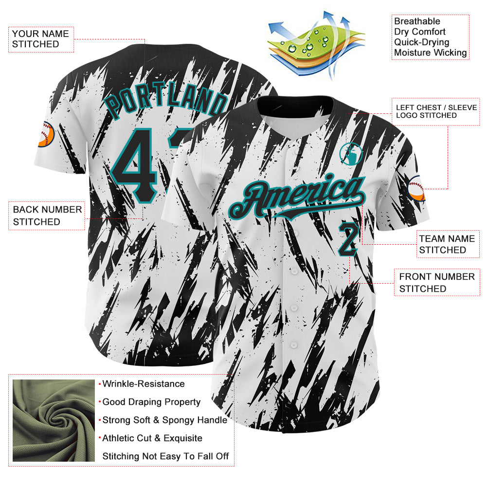Custom White Black-Teal 3D Pattern Design Abstract Sharp Shape Authentic Baseball Jersey - Sky-Custom