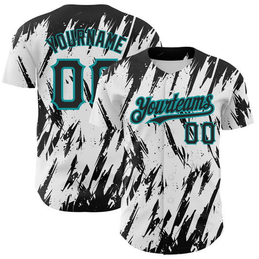 Custom White Black-Teal 3D Pattern Design Abstract Sharp Shape Authentic Baseball Jersey - Sky-Custom