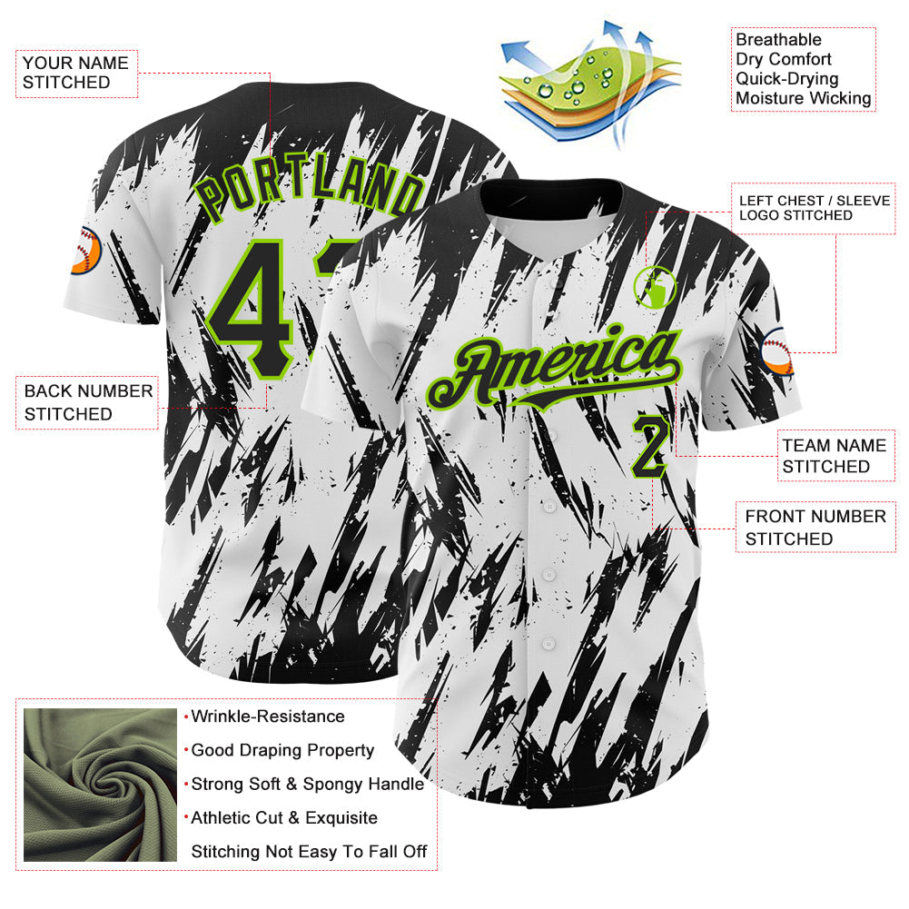Custom White Black-Neon Green 3D Pattern Design Abstract Sharp Shape Authentic Baseball Jersey - Sky-Custom