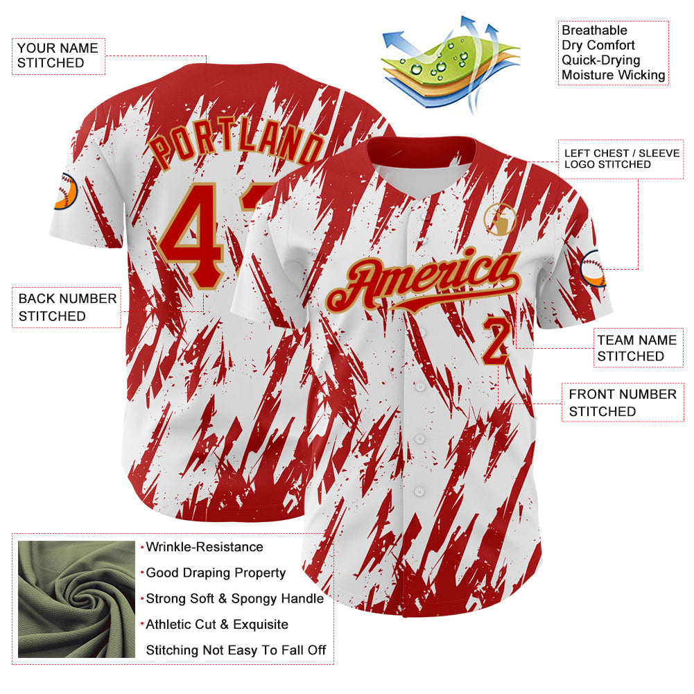 Custom White Red-Old Gold 3D Pattern Design Abstract Sharp Shape Authentic Baseball Jersey - Sky-Custom