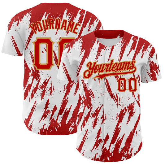 Custom White Red-Old Gold 3D Pattern Design Abstract Sharp Shape Authentic Baseball Jersey - Sky-Custom
