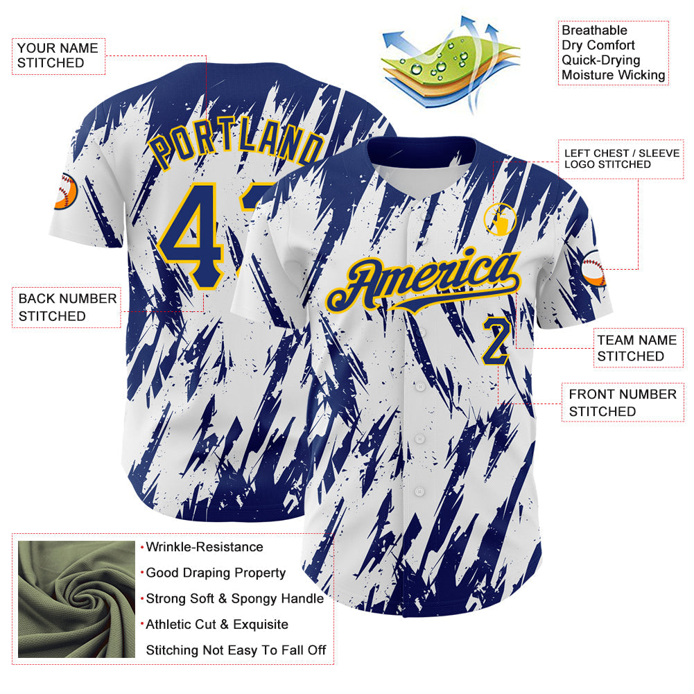 Custom White Royal-Yellow 3D Pattern Design Abstract Sharp Shape Authentic Baseball Jersey - Sky-Custom