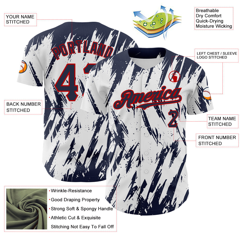 Custom White Navy-Red 3D Pattern Design Abstract Sharp Shape Authentic Baseball Jersey - Sky-Custom