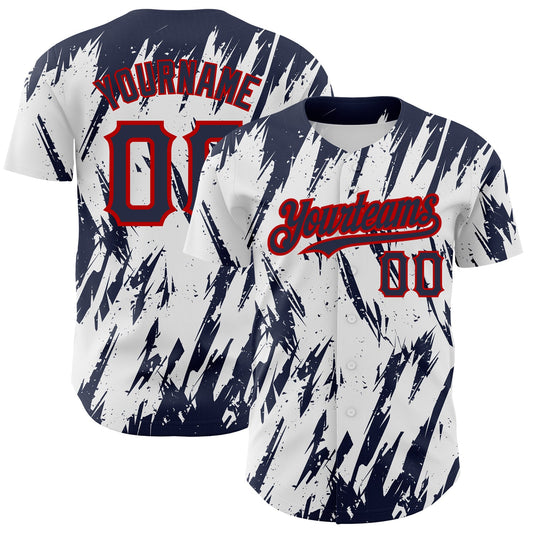 Custom White Navy-Red 3D Pattern Design Abstract Sharp Shape Authentic Baseball Jersey - Sky-Custom