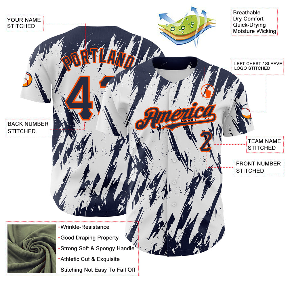 Custom White Navy-Orange 3D Pattern Design Abstract Sharp Shape Authentic Baseball Jersey - Sky-Custom