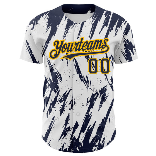 Custom White Navy-Gold 3D Pattern Design Abstract Sharp Shape Authentic Baseball Jersey - Sky-Custom