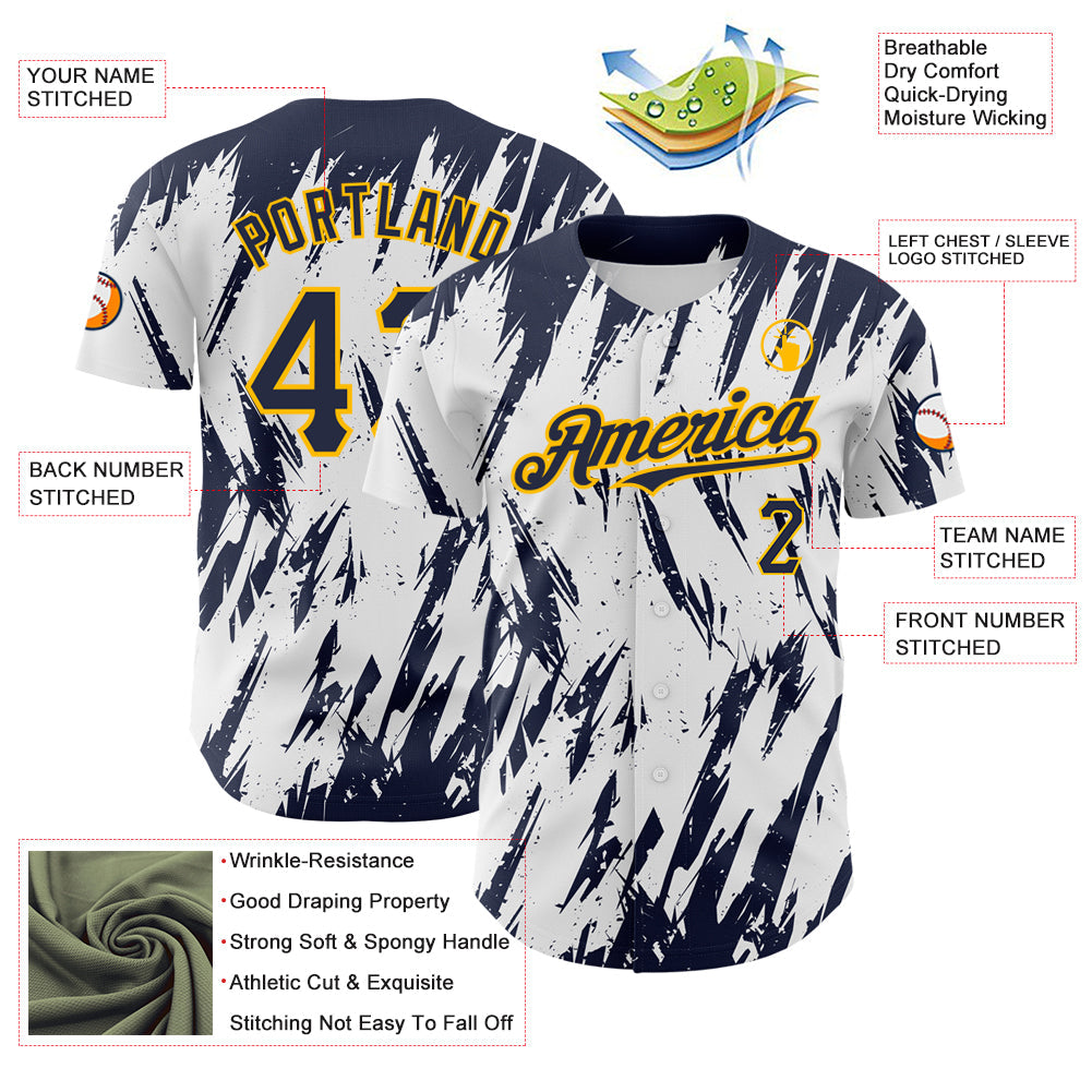 Custom White Navy-Gold 3D Pattern Design Abstract Sharp Shape Authentic Baseball Jersey - Sky-Custom