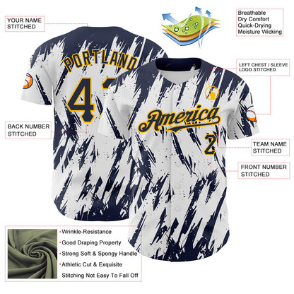 Custom White Navy-Gold 3D Pattern Design Abstract Sharp Shape Authentic Baseball Jersey - Sky-Custom