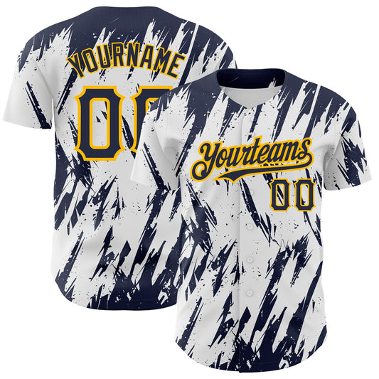 Custom White Navy-Gold 3D Pattern Design Abstract Sharp Shape Authentic Baseball Jersey - Sky-Custom