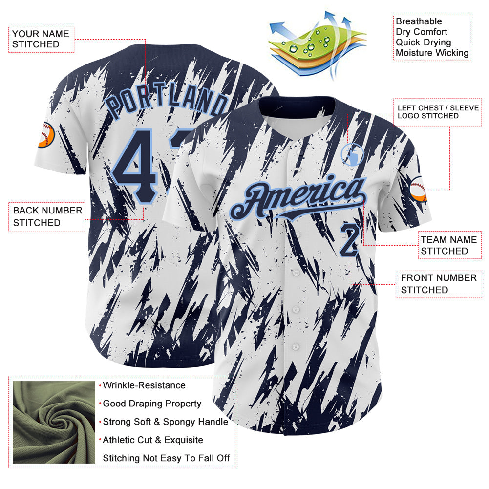 Custom White Navy-Light Blue 3D Pattern Design Abstract Sharp Shape Authentic Baseball Jersey - Sky-Custom