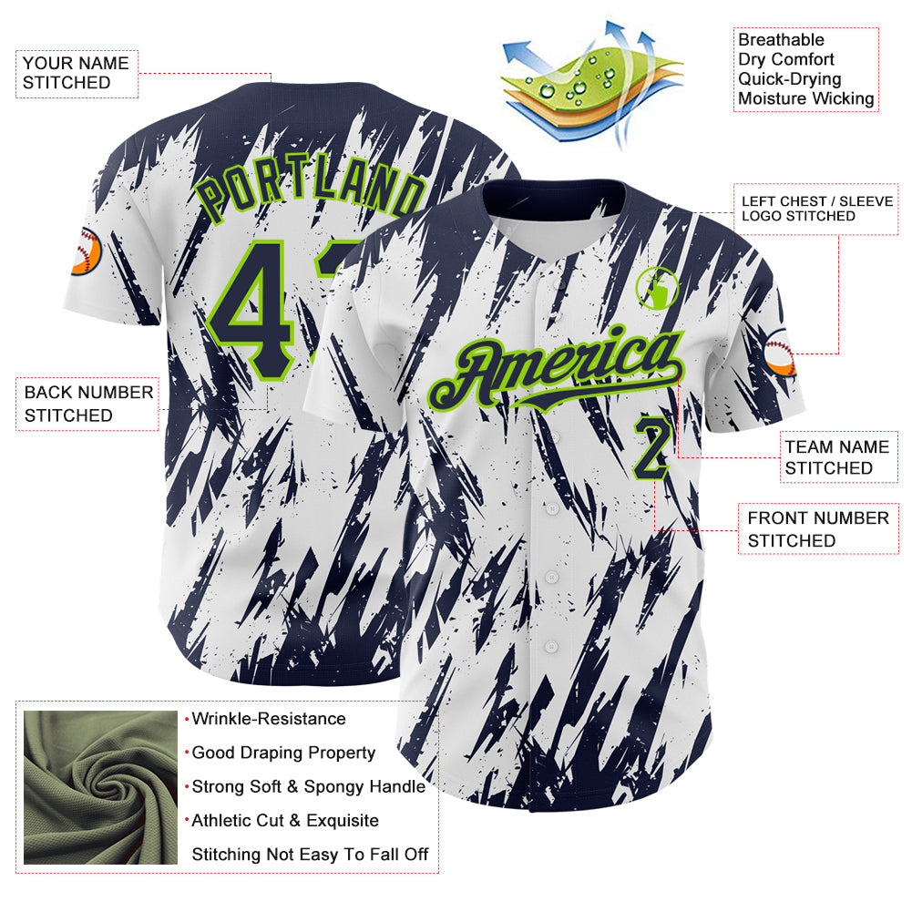 Custom White Navy-Neon Green 3D Pattern Design Abstract Sharp Shape Authentic Baseball Jersey - Sky-Custom