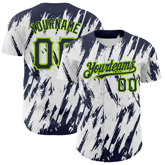 Custom White Navy-Neon Green 3D Pattern Design Abstract Sharp Shape Authentic Baseball Jersey - Sky-Custom