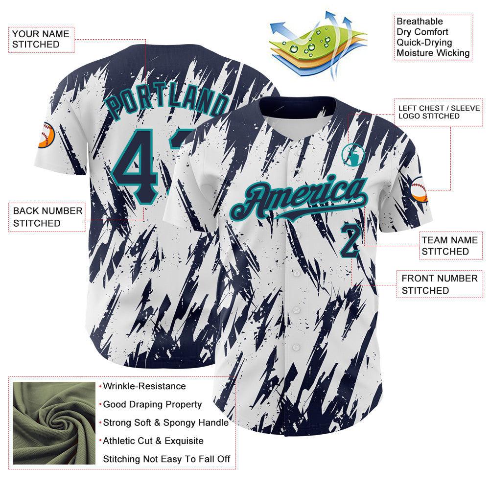 Custom White Navy-Teal 3D Pattern Design Abstract Sharp Shape Authentic Baseball Jersey - Sky-Custom
