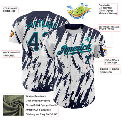 Custom White Navy-Teal 3D Pattern Design Abstract Sharp Shape Authentic Baseball Jersey - Sky-Custom