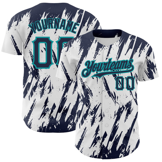 Custom White Navy-Teal 3D Pattern Design Abstract Sharp Shape Authentic Baseball Jersey - Sky-Custom