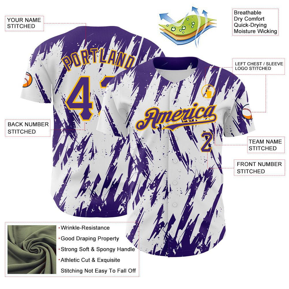 Custom White Purple-Gold 3D Pattern Design Abstract Sharp Shape Authentic Baseball Jersey - Sky-Custom