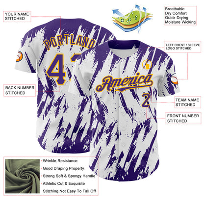 Custom White Purple-Gold 3D Pattern Design Abstract Sharp Shape Authentic Baseball Jersey - Sky-Custom