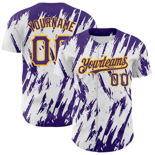 Custom White Purple-Gold 3D Pattern Design Abstract Sharp Shape Authentic Baseball Jersey - Sky-Custom