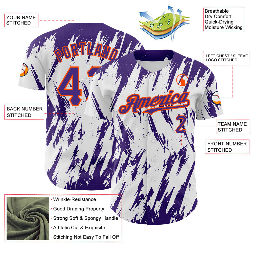 Custom White Purple-Orange 3D Pattern Design Abstract Sharp Shape Authentic Baseball Jersey - Sky-Custom