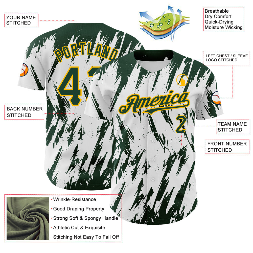 Custom White Green-Gold 3D Pattern Design Abstract Sharp Shape Authentic Baseball Jersey - Sky-Custom