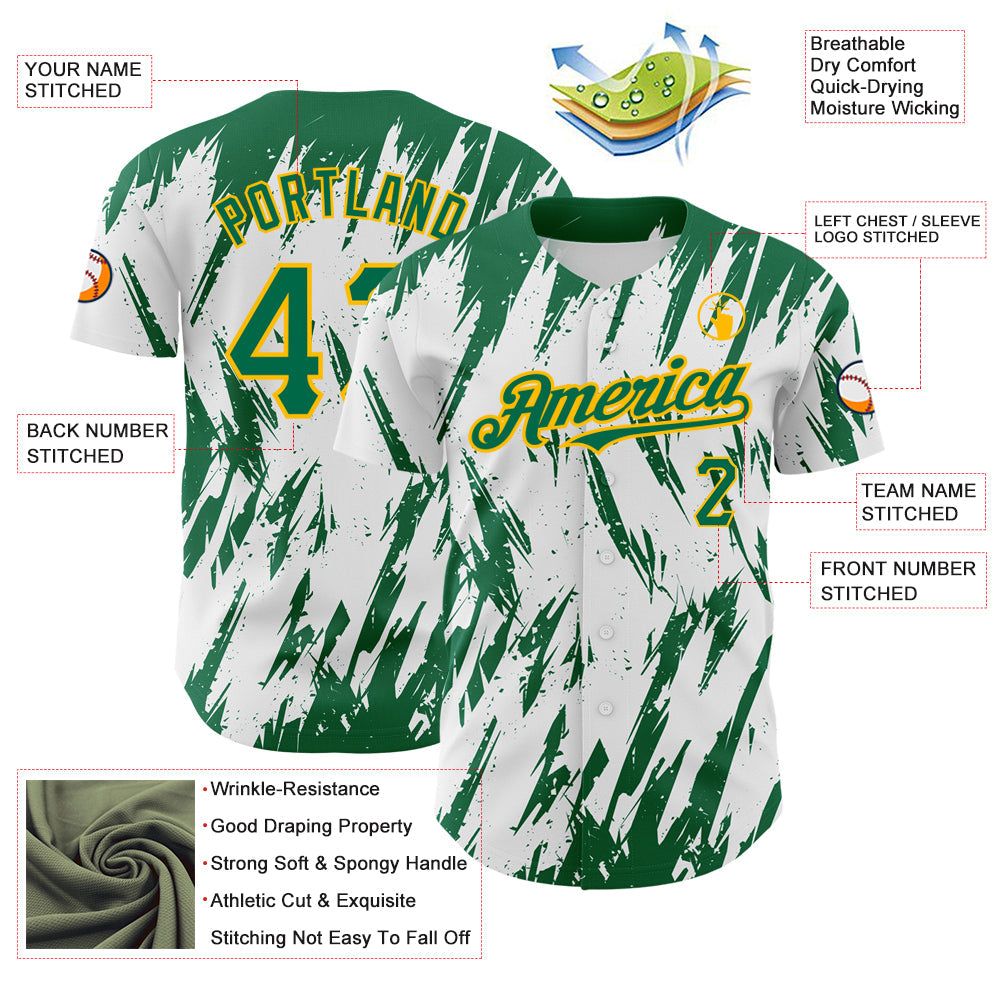 Custom White Kelly Green-Gold 3D Pattern Design Abstract Sharp Shape Authentic Baseball Jersey - Sky-Custom